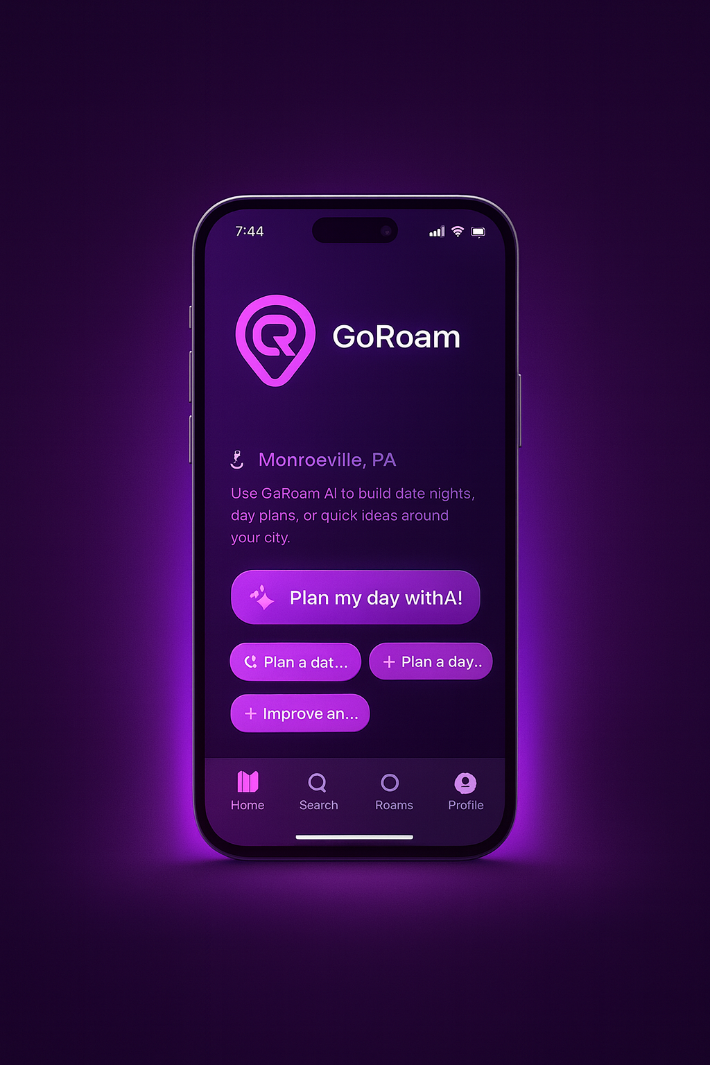 GoRoam home screen – Your 'what should we do?' app