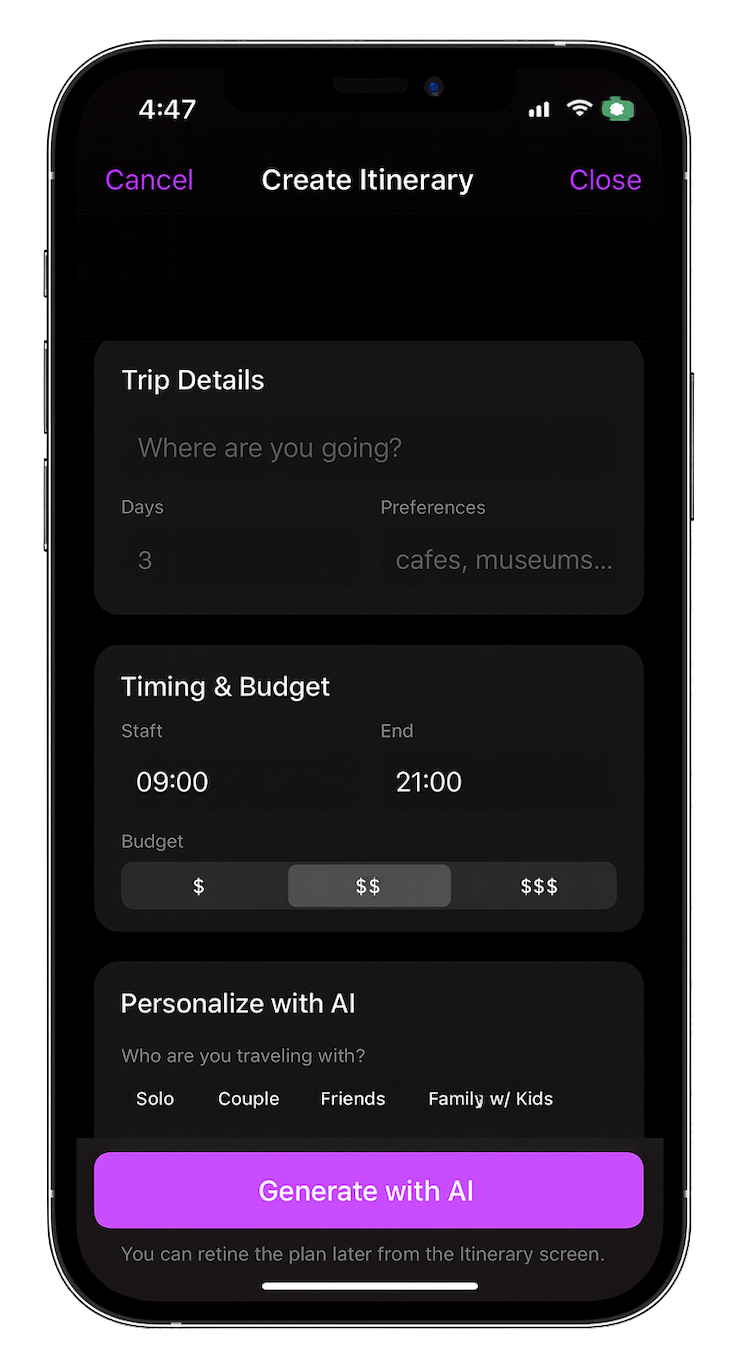 Trip setup form for AI itinerary