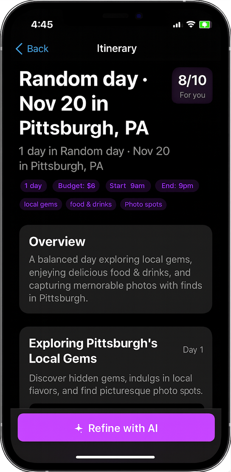 AI itinerary with detailed day cards