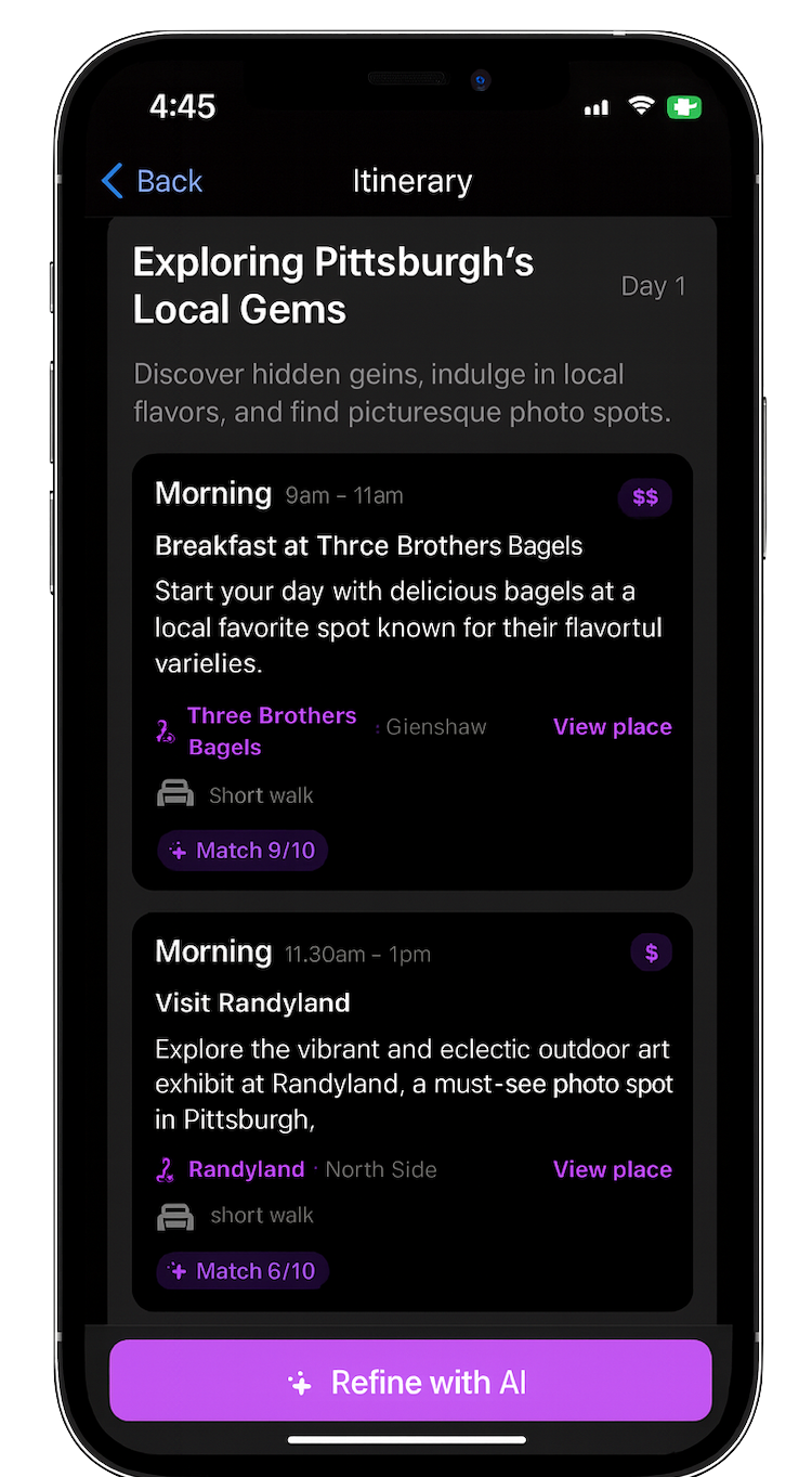 AI-generated trip overview screen