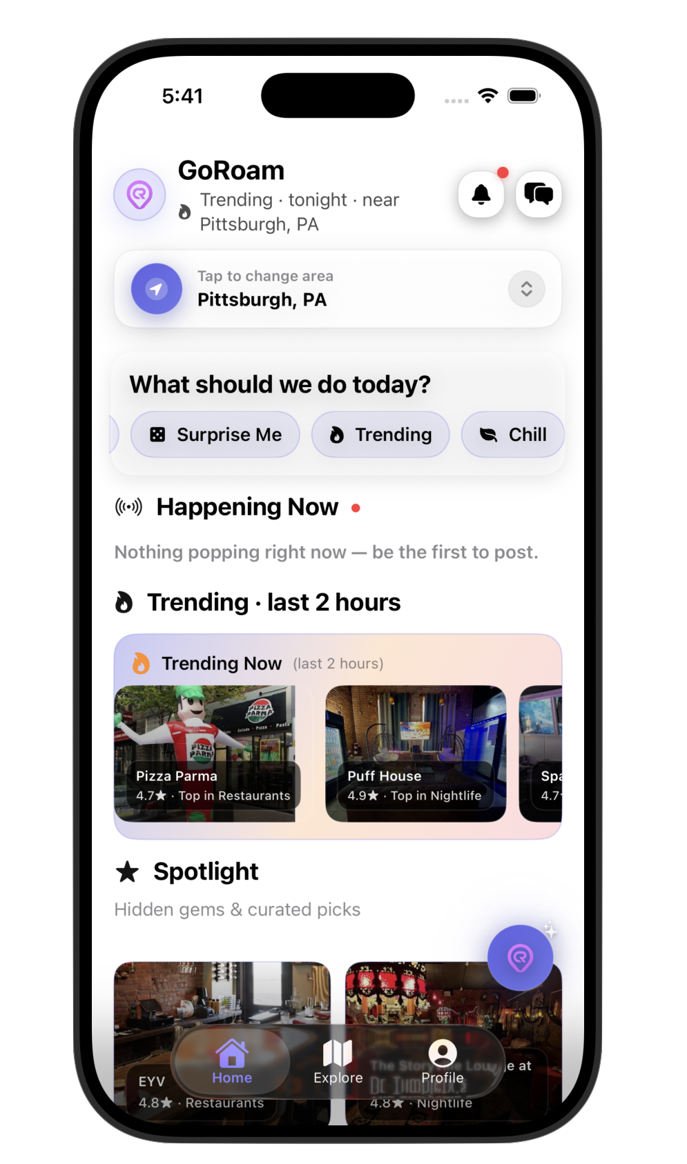GoRoam home screen – Your 'what should we do?' app